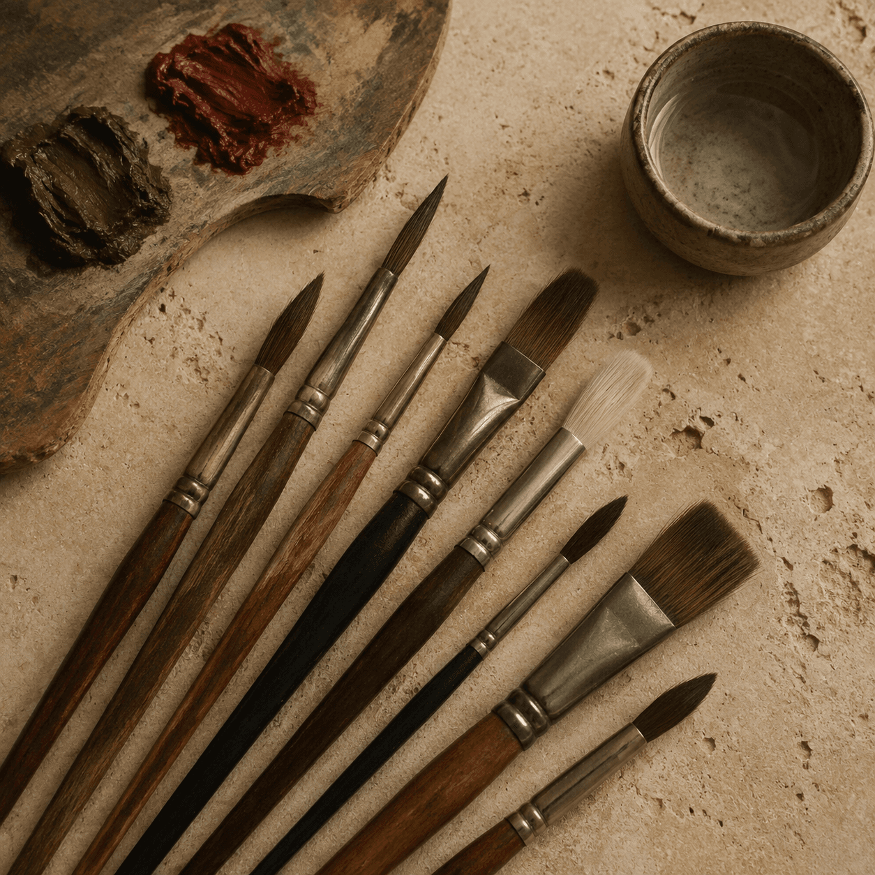 Sable brushes and a wooden palette on Bath stone