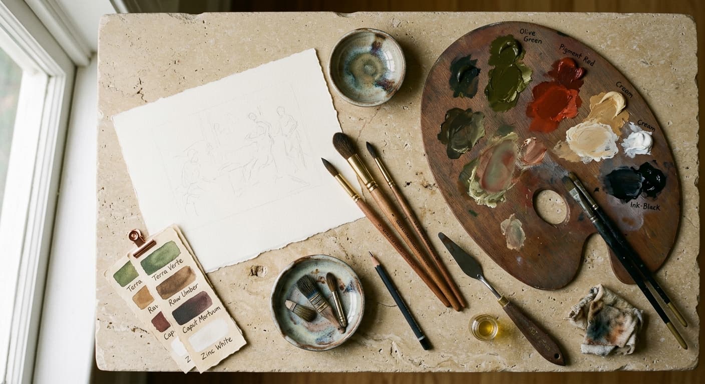 Classical artist palette, sable brushes, cream paper and colour swatch cards on a warm Bath stone desk